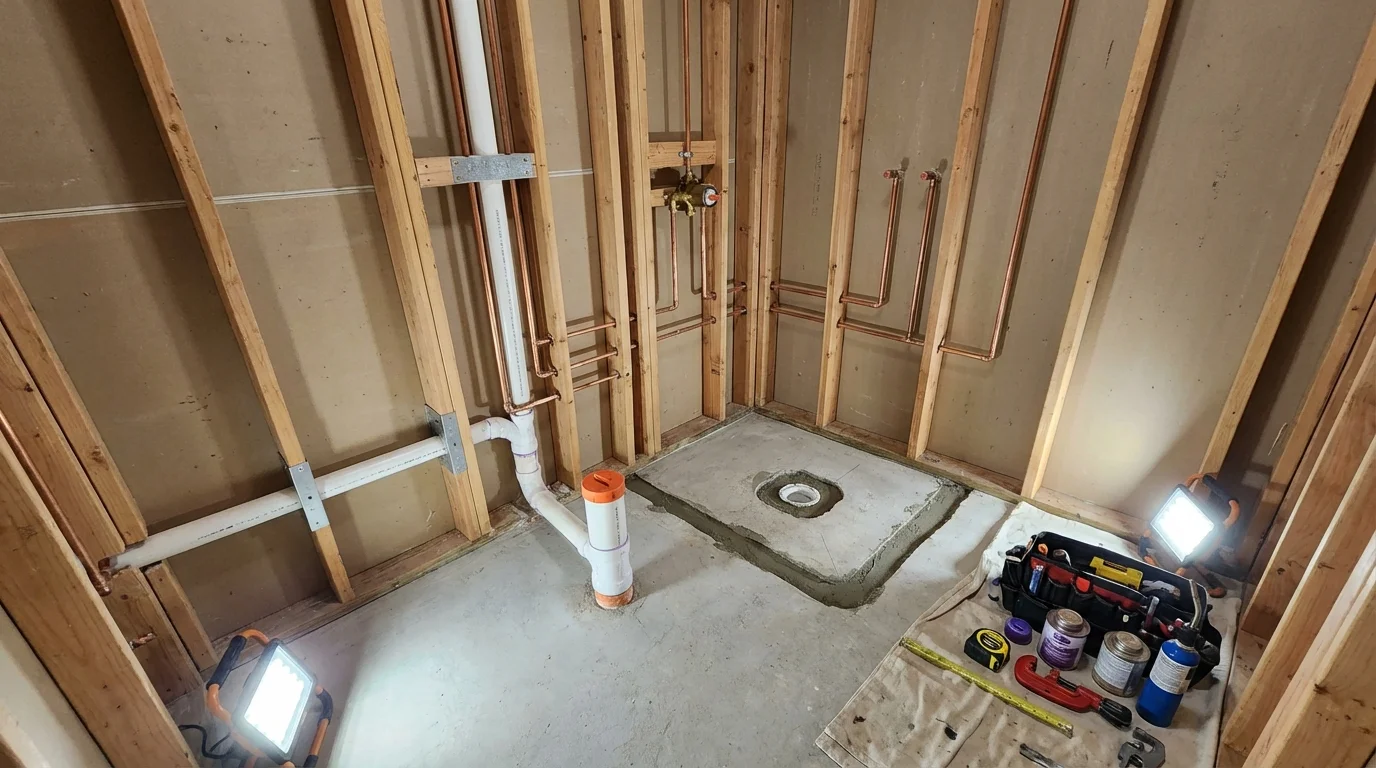 Bathroom rough-in plumbing during remodel by Johns Plumbing LLC in Homer City