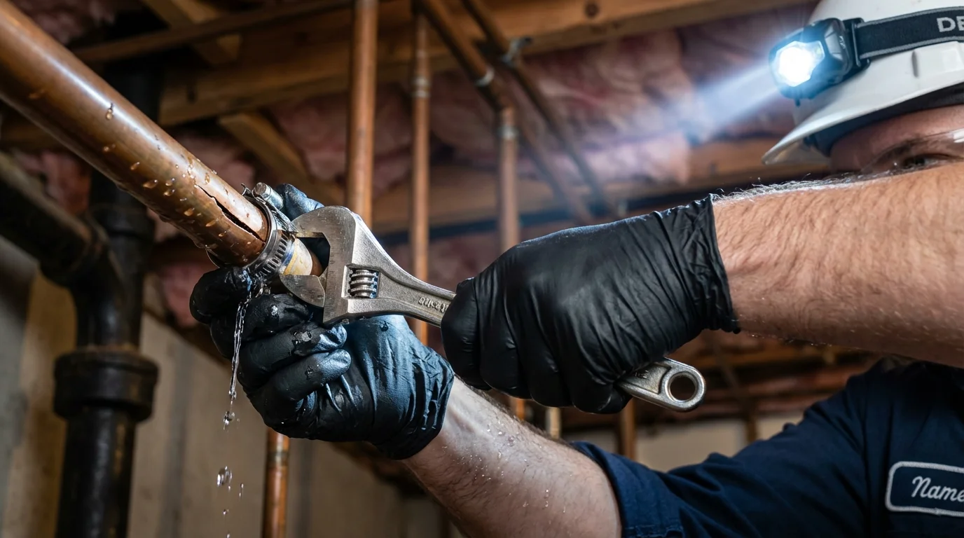 Emergency pipe clamp repair being performed by a Johns Plumbing LLC plumber in Homer City
