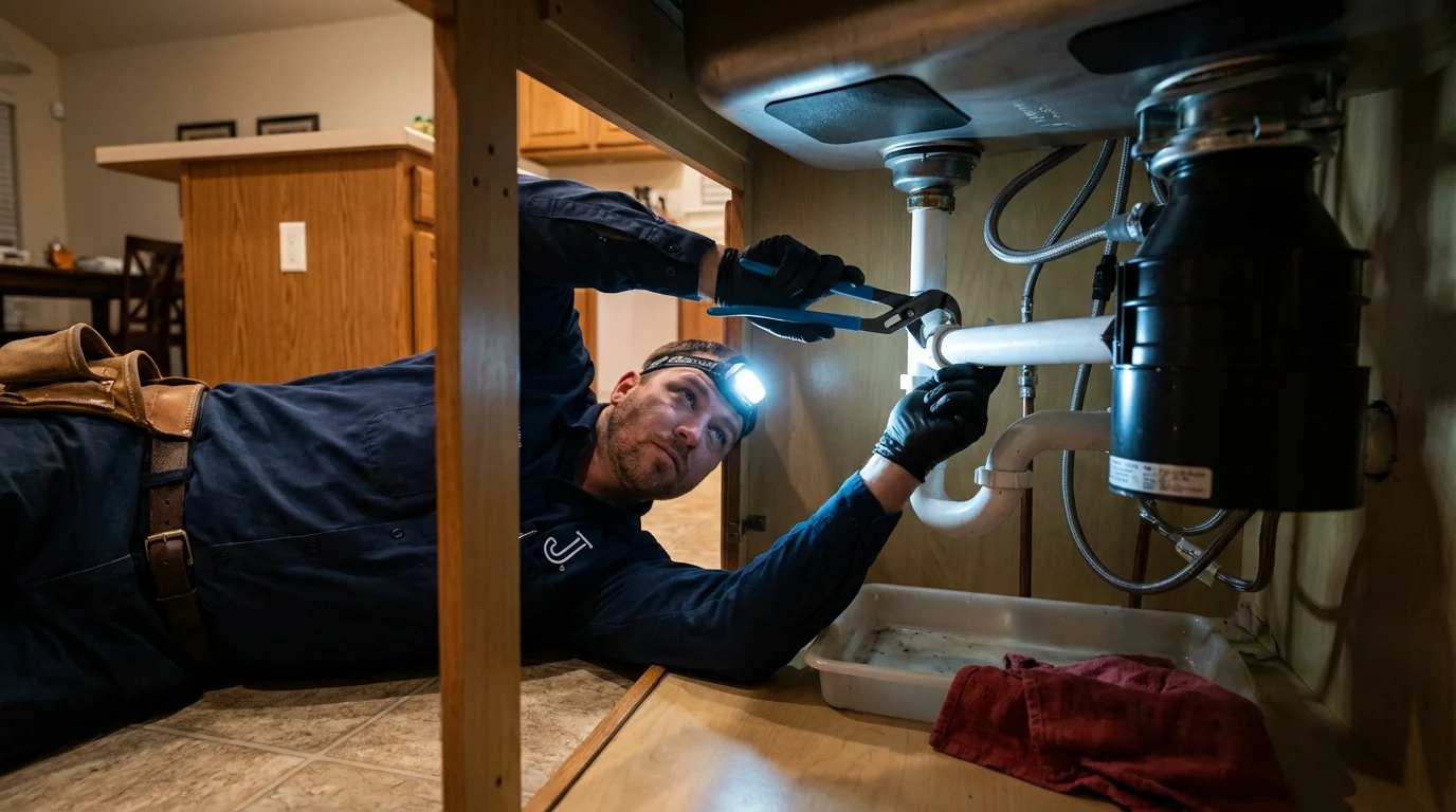P-trap and supply line connections under a kitchen sink showing a common leak point in Homer City, PA